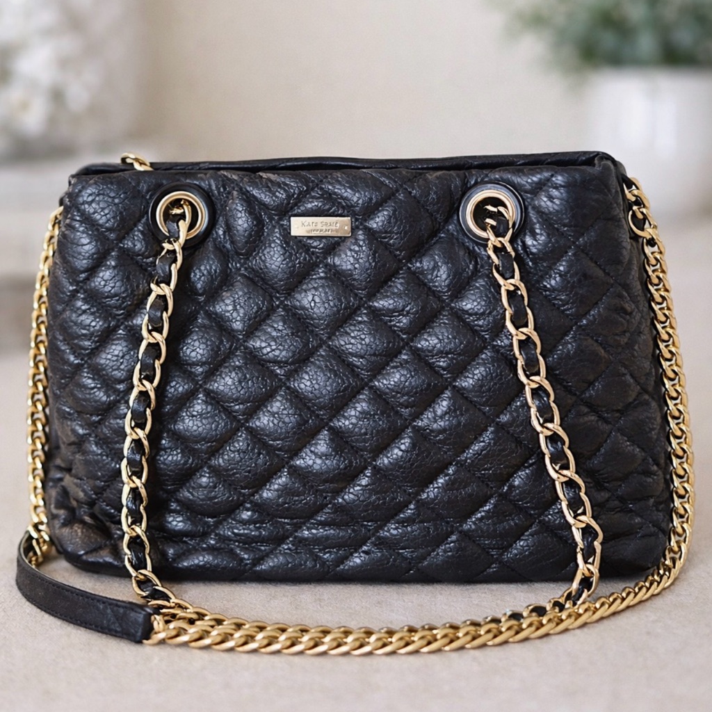 Kate Spade Black Quilted Leather Shoulder Bag With Gold Chain